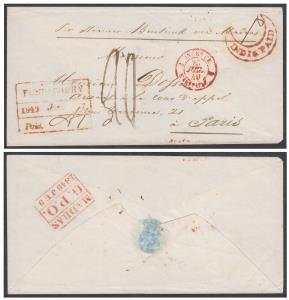 1849 "PONDICHERY Paid" HG #10 on cover to Paris with "MADRAS G.P.O.", "INDIA PAID" crescen