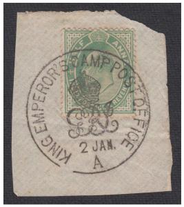 KED VII ½a on piece tied by "KING EMPEROR'S CAMP POST OFFICE" cancel