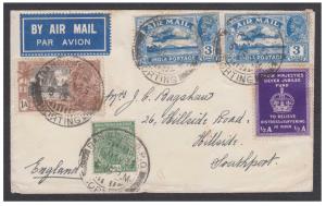 1935 Airmail cover to England bearing KGV adhesives + "THEIR MAJESTIES/SILVER JUBILEE/ FUN