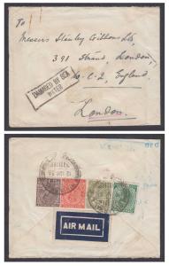 1936 KGV Adhesives on Airmail cover from Gujrawal to London, "DAMAGED BY SEA / WATER" boxe