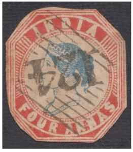 India used in ADEN - "124" fine cancel on 1854 4a blue and red imperf, cut-to-shape. SG Z1