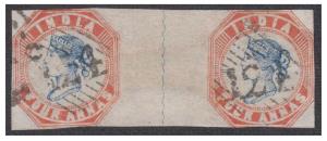 India used in Aden - 1854 4a red and blue, Head II, Frame I cut-square pair with wavy line