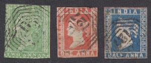 India used in Burma, 1854 ½a, 1a & 2a lithograph, cut to shape, cancelled ”B/127” of Moulm
