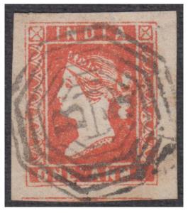 India used in Burma, 1854 1a deep red die I, imperf, huge margins showing portion of the s