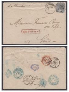 India used in Burma, 1872 cover to Genoa via Brindisi bearing 6a8p tied by scarce "RANGOON