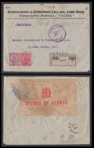 1915 India used in Aden, “ADEN-CAMP/9 DE./15” single circle, on KG V 1a & 2a registered ce