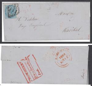 India used in French India, 1858 ½a cover tied by C/111 Pondicherry to Karikal with "PONDI
