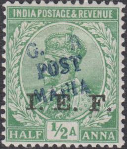 India used in Tanganyika, Mafia Island - KGV ½a light green ovpt "G.R POST MAFIA" mint. SG
