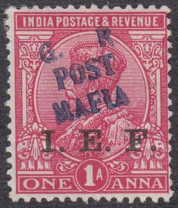 India used in Tanganyika, Mafia Island - KGV 1a aniline-carmine ovpt "G.R POST MAFIA" mint