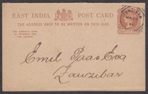 1894 India used Zanzibar, QV Replay card, 1/4a PC used from Zanzibar, fine