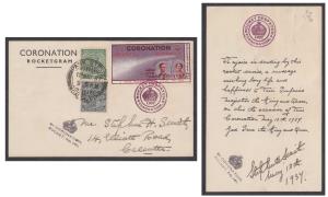 1937, Coronation Rocketgram cover and message, cover with ”CORONATION/ROCKET DESPATCH” red