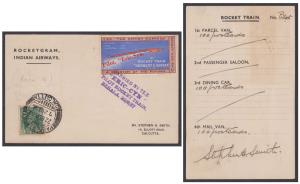 1937, Rocketgram Indian Airways, card with vignette in blue and red tied with “Carried by 