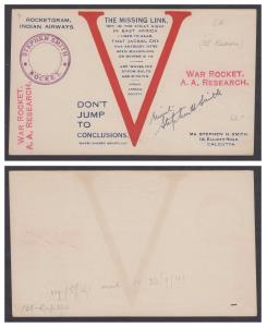 1941 V Campaign Rocketgram ”THE MISSING LINK” by Indian Airmail Society to support of War 