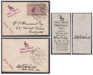 1931 First Indian Pigeonagram, Asansol to Calcutta, dated 18/2/1931, carried by Wild Fire,
