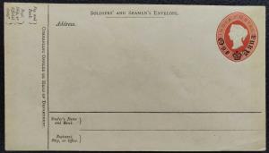 1895 QV Soldier’s and Seamen’s envelope, 1 anna black on 9p vermilion with printing flaw o