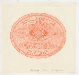 1870 Stamp Office Bombay, Sample of Proof, 23 Rs. Stamp Paper, Vermilion
