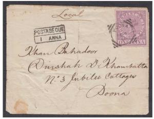1891 QV 1a Fiscal Stamp used as local postage, POSTAGE DUE 1A bisected boxed strike on fro