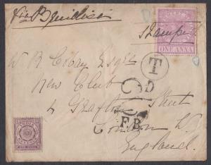 1892 QV 1a Fiscal Stamp used on cover addressed to London, 2D Postage due strike on front,