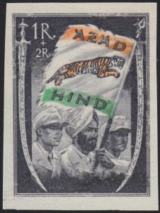 1943 Azad Hind stamps, high value 1R + 2 R, black, orange & emerald green, mint, scarce, v