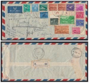 1955 Five Year Plan Registered Airmail bearing 11 values to Natal, South Africa from Ootac