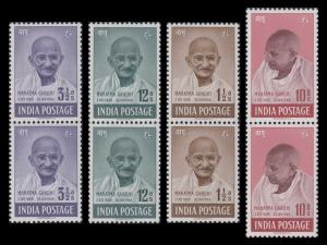 1948 Mahatma Gandhi set of 4, SG305-08, vertical pair with left margin, white gum, MNH. Fi