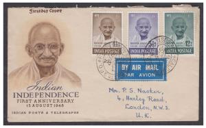 1948 Mahatma Gandhi 3V Air Mail First Day Cover to UK with "CALCUTTA G.P.O./15 AUGUST 1948