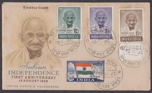 1948, Mahatma Gandhi First Day Cover Envelope bearing 3 values, SG 305-07, 1½a with contro