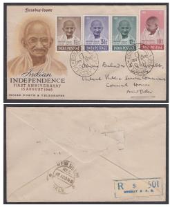 1948 Mahatma Gandhi 4v Registered First Day Cover to New Delhi with "BOMBAY G.P.O./15 AUGU