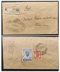 India used in Nepal, 1948 Mahatma Gandhi 3½as, Registered used from British Legation, Nepa