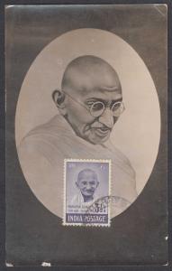 1948 3 1/2a, SG 306 affixed on Mahatma Gandhi Photograph and cancelled with " " faint cds.