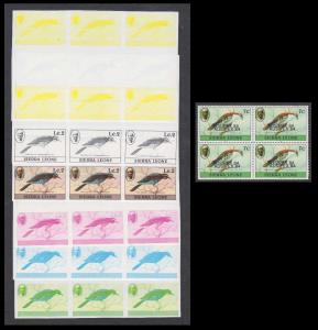 1982 Sierra Leone, 7c, Colour Trial, 6 different blk/6 with gutter, issued stamp blk/4 inc