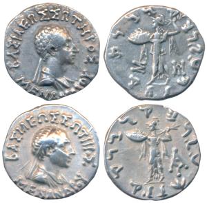 Indo-Greeks, Menander I, Silver Drachm, 2.36g & 2.4g, Bilingual series, obv. diademed and 