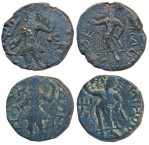 Kushanas, Kanishka I (c. 127-151 AD), Copper ¼ Unit, 4.79g & 4.42g, obv. king standing sac