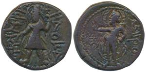 Kushanas, Kanishka I, Copper Tetradrachm, 15.97g, obv. king diademed and crowned, standing