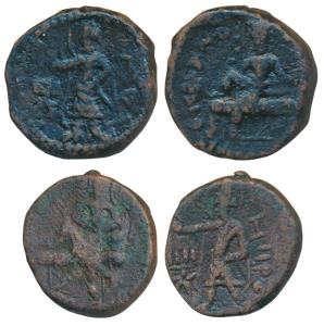Kushanas, Huvishka, Copper Unit (2), 15.85g & 10.13g, obv. king nimbate reclining, his one
