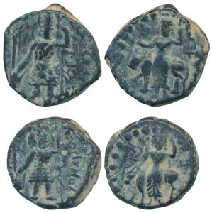 Kushanas, Vasudeva I (c. 195-230 AD), Copper Unit (2), 8.92g & 8.89g, obv. king nimbate st