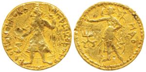 Kushanas , Kanishka I (c. 127-151 AD), Gold Dinar, 7.22g, obv. caped and crowned king stan