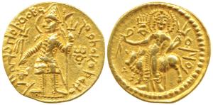 Kushanas, Vasudeva (c. 195-230 AD), Gold Dinar, 7.9g, obv. king nimbate standing left, hol