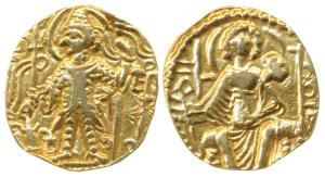 Kushanas, Shaka (c. 305-335 AD), Gold Dinar, 7.76g, obv. king nimbate standing left, holdi