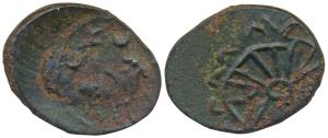 Pallavas of Kanchi (5th century AD), Potin, 2.23g, obv. humped bull standing right with Br