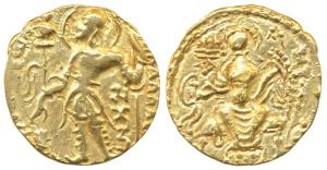 Guptas, Samudragupta (c. 335-380 AD) Gold Dinar, 7.60g, Sceptre type, obv. king nimbate st