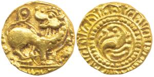 Kadambas of Hangal, Toyimadeva (1048-1075 AD), Gold Pagoda, 4.2g, obv. lion advancing righ