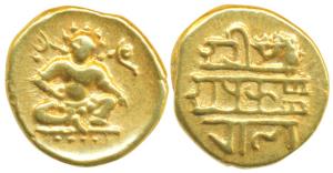 Vijayanagar, Krishna Deva Raya, Gold ½ Pagoda, 1.66g, obv. seated Balakrishna with a flat 