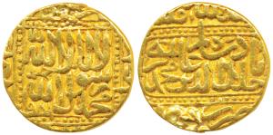 Akbar, Gold Mohur, 10.77g, Hazarat Delhi Mint, AH 981, obv. Kalima within dotted square, r