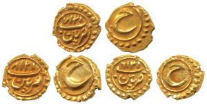 Tipu Sultan, Gold Fanam (3), Patan Mint, ME 1216, 1217 and 1218 (KM 128.1). Extremely Fine