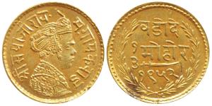 Sayaji Rao III, Gold 1/3 Mohur, 2.38g, VS 1952 (1895 AD), obv. portrait of the Maharaja, r