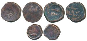 Anonymous coinage, Copper Paisa (3), the first with fly whisk & scimitar; the second obv. 