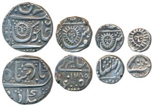 Tukoji Rao II (AH 1261-1304; 1844-1886 AD), set of 4, Silver Rupee, ½, ¼ and 1/8, Malhar N