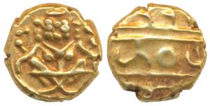 Krishna Raja Wodeyar, Gold Fanam, 0.38g, obv. seated Narasimha, rev. Kanarese legend Kanth