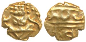 Krishna Raja Wodeyar, Gold Fanam, 0.37g, obv. seated Narasimha, rev. Kanarese legend Kanth
